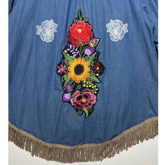 Denim Button-Up Upcycled Shirt Handcrafted Embellishments Boho Western Cotton 3X - Picture 12 of 15